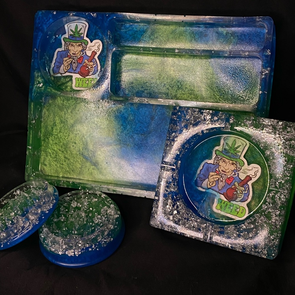 Rolling tray with ashtray and grinder